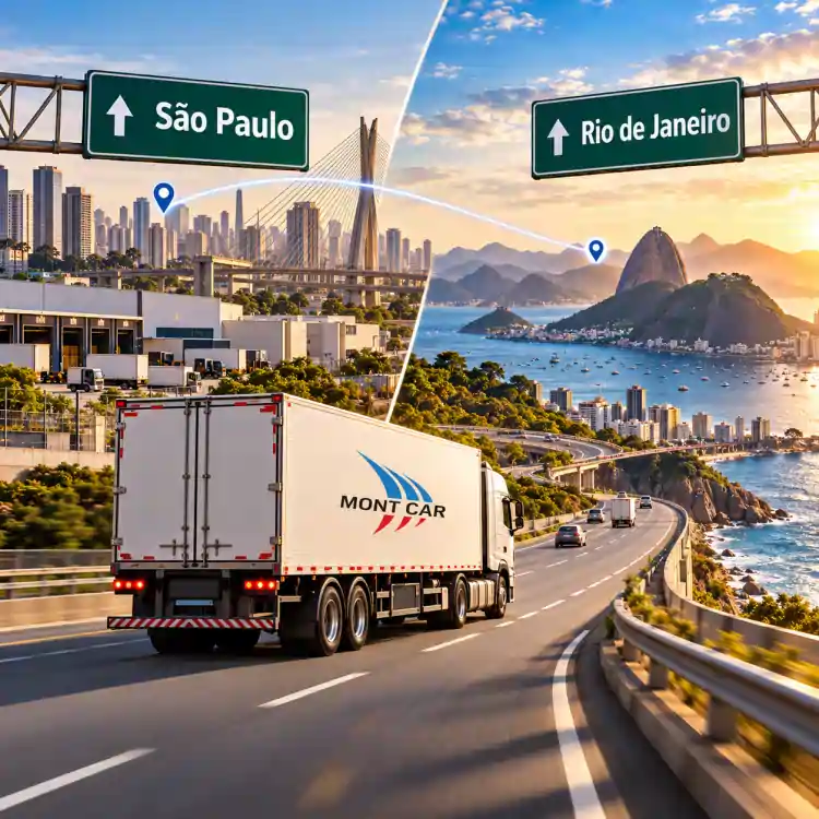 Caminhão da Expresso Mont Car em viagem rodoviária entre São Paulo e Rio de Janeiro